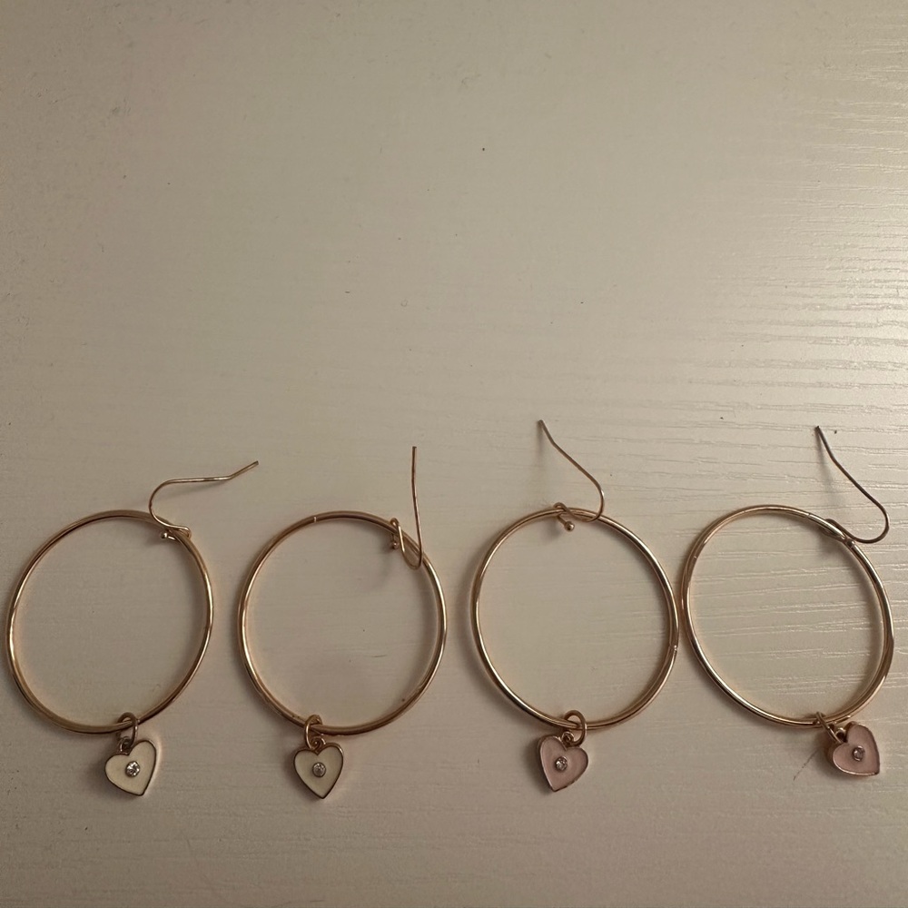 Gold Hoop Earrings with Small Pink Heart Charms - Women Jewelry